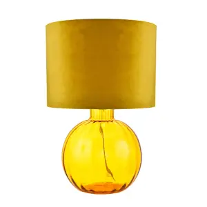 Contemporary Ochre Ribbed Glass Table Lamp with Soft Velvet Mustard Shade