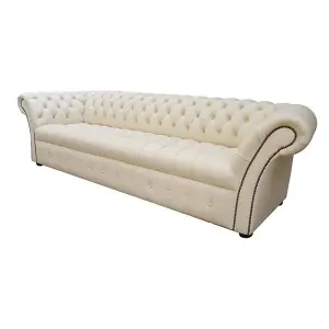 Chesterfield 4 Seater Sofa Buttoned Seat Cottonseed Cream Leather In Balmoral Style