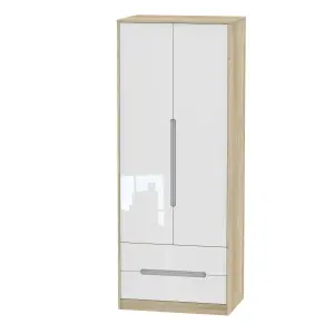 Turin 2 Door 2 Drawer Wardrobe in White Gloss & Bardolino Oak (Ready Assembled)