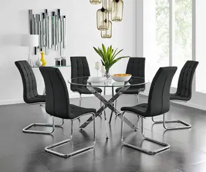 Furniturebox UK Novara Chrome Metal And Glass Large Round Dining Table And 6 Black Murano Chairs Set