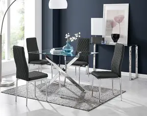 Furniturebox Leonardo 4 Seat Rectangular Glass Dining Table with Silver Metal Legs & 4 Black Milan Faux Leather Silver Leg Chairs