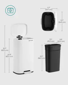 SONGMICS Steel Rubbish Bin, Kitchen Bin, Pedal Bin, Waste Management, Soft-Close Lid and Inner Bucket, Steel, White