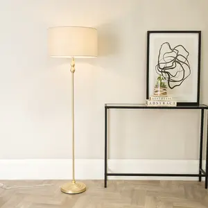 ValueLights Maggie Gold Metal Candlestick Floor Lamp with Natural Fabric Lamp Shade and LED Bulb