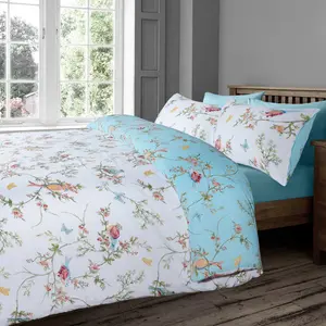 Rasheema Duvet Set Duck Egg/White / Delicate Birds Floral / Super King - 3 Standard Pillowcases