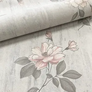 Muriva Pink & Grey Floral Mica effect Embossed Wallpaper