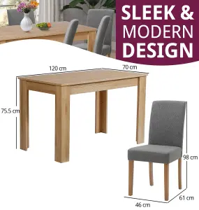 Hallowood Furniture Newquay Oak Fixed Top Table 120cm with 6 Straight Back Grey Fabric Chairs