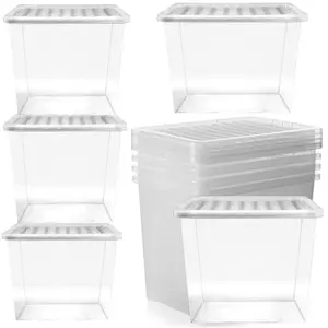 Set of 5 Clear Plastic Extra Large 80 Litre Stackable Storage Containers With Lids