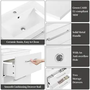 Yaheetech White Wall Mounted Bathroom Vanity Unit Cabinet with Ceramic Basin