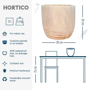 HORTICO™ Indoor Plant Pot, (Dia) 26cm RADIAL Round Wooden Planter for House Plants with Waterproof Liner D26 H24 cm, 8.4L