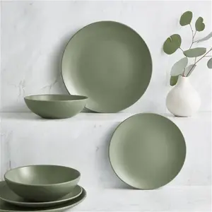 Dunelm Stoneware 12 Piece Dinner Set, Modern, Green, Sage