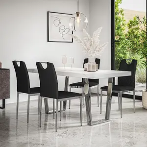 Aria Dining Table And Chairs - White Marble Effect Top w Chrome Legs + 6 Monza Faux Leather Dining Chairs w Chrome Legs (Black)