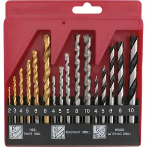 Hi-Spec 16pc Compact Multi Steel Drill Bit With Box Case Set. HSS Titanium Coated, Brad Points & Masonry Mixed Drill Bits