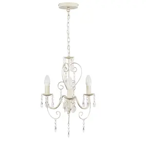 ValueLights Lille Cream Ornate Vintage Style 3 Way Ceiling Light Chandelier with Acrylic Jewels and 3x SES E14 Glass Candle Bulbs