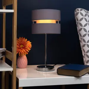 ValueLights Modern Silver Chrome Bedside Table Lamp With Grey Shade