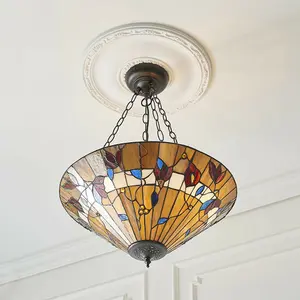 Large Tiffany Glass Pendant Ceiling Light - Dark Bronze Finish - 3 x 60W E27 GLS Needed