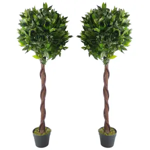 Pair of 120cm (4ft) Twisted Stem Artificial Topiary Bay Laurel Ball Trees