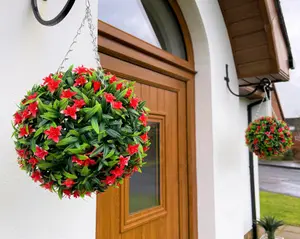 Best Artificial 28cm Red Lily Hanging Basket Flower Topiary Ball - Suitable for Outdoor Use - Weather & Fade Resistant