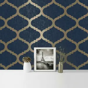 Navy Blue Wallpaper Trellis Geometric Metallic Textured Gold Feature Wall New