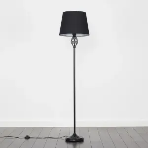 ValueLights Memphis Traditional Style Black Barley Twist Floor Lamp with Black Tapered Light Shade - with LED GLS Bulb