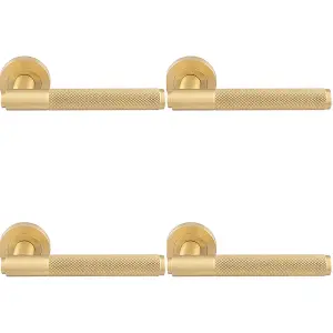 4 PACK - Luxury Knurled Door Handle Set - Satin Brass Angled Lever on Round Rose