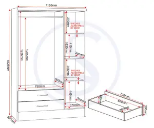 Nevada Oak Effect 3 Door 2 Drawer Mirrored Wardrobe