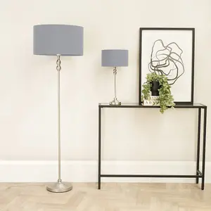 ValueLights Maggie Brushed Chrome Candlestick Table Lamp with Grey Fabric Drum Shade and LED Bulb