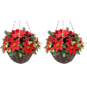 Pair of Best Artificial 28cm Red Poinsettia Christmas Hanging Basket - Suitable for Outdoor Use - Weather & Fade Resistant