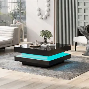 Black Square High Gloss Coffee Table with Rotating Top, Tea Table with 16-Color LED light, 70x70x36 cm