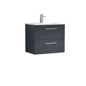 Retro 2 Drawer Wall Hung Vanity Unit with Minimalist 1 Tap Hole Ceramic Basin - 600mm - Satin Soft Black - Balterley