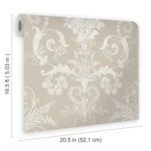 Laura Ashley Josette White & dove grey Damask Smooth Wallpaper