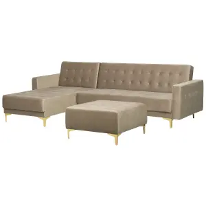 Corner Sofa with Ottoman ABERDEEN Sand Beige Velvet Right Hand