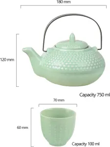 Oriental Hobnail Stoneware Teapot and 2 Cups Jade Green