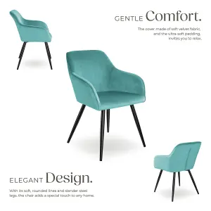 Chair Marilyn - with armrests, padded, velvet look, black steel legs - turquoise/black