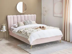 Velvet EU Double Size Bed with USB Port Pink MIRIBEL