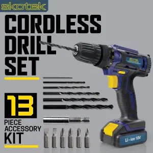 Skotek 18V Cordless Drill and Screwdriver Set 13 Piece Kit Li-ion Battery Included