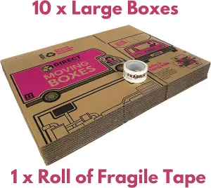 10 Strong Large Cardboard Storage Packing Moving House Boxes with Fragile Tape 52cm x 30cm x 30cm 47 Litres Carry Handles and Room