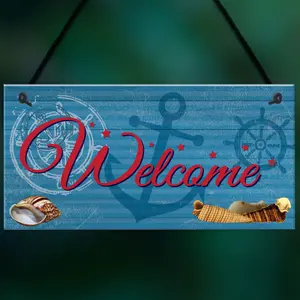 Red Ocean Welcome Nautical Seaside Marine Themed Home Gift Hanging Plaque Bedroom Bathroom Boat Sign