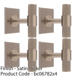 4 PACK - Reeded T Bar Cabinet Door Knob & Matching Backplate Lined Satin Nickel 40 x 40mm