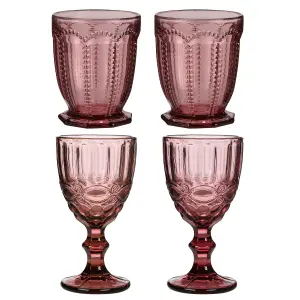 Set of 4 Vintage Luxury Rose Quartz & Purple Drinking Wine Glass Wine Goblets 350ml