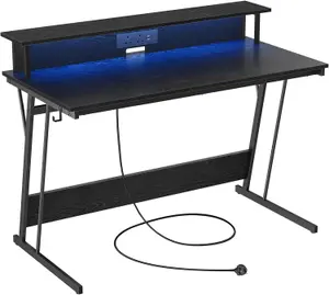 VASAGLE Computer Table, Gaming Desk, with LED and Built-In Power Outlets, Table with Monitor Shelf, Gaming Table, Ebony Black