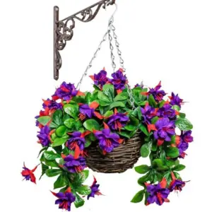 Artificial Fuchsia Flowers Rattan Hanging Basket Decoration Purple 25cm