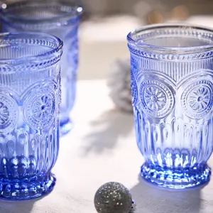 Set of 4 Luxury Embossed Blue Tall Drinking Glass Tumblers 330ml