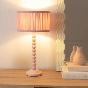 ValueLights Bobbins Painted Rose Table Lamp with Ruched Pleated Blush Pink Drum Lamp Shade