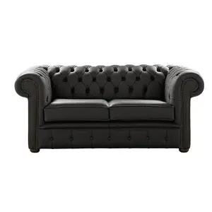 Chesterfield 2 Seater Shelly Black Real Leather Sofa Settee Bespoke In Classic Style