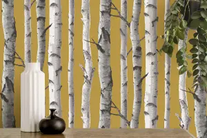 Fine Decor Birch Trees Mustard Wallpaper FD43290