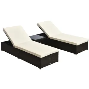 Outsunny 3 Pieces Sun Lounger Rattan Furniture Recliner Wicker Brown Garden