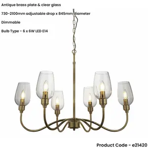 Multi Arm Hanging Ceiling Pendant Light - Antique Brass Plate & Clear Glass Shade - 6 x 6W LED E14