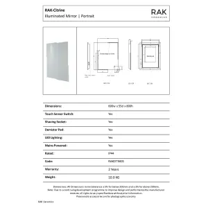 RAK Citrine 600x800 Silvery White Square with Touch Sensor Illuminated Mirror IP44