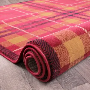 Tartan Red Chequered Tartan Easy to Clean Rug For Dining Room-80cm X 300cm