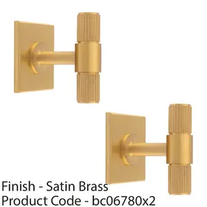 2 PACK - Reeded T Bar Cabinet Door Knob & Matching Backplate Lined Satin Brass 40 x 40mm